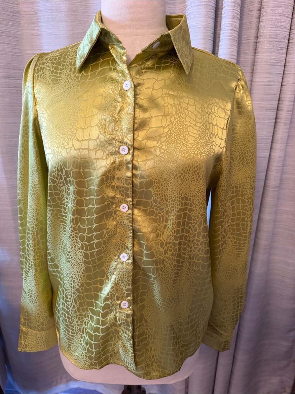 Ladies Olive Satin Button-Down Shirt with Subtle Animal Texture